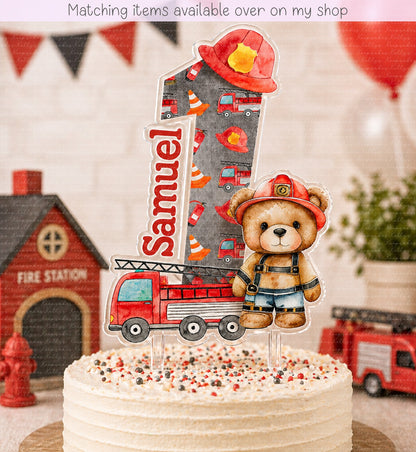 Personalised Birthday Fire Fighter Teddy Number cake topper - acrylic printed Age Fireman cake topper - custom cake decoration