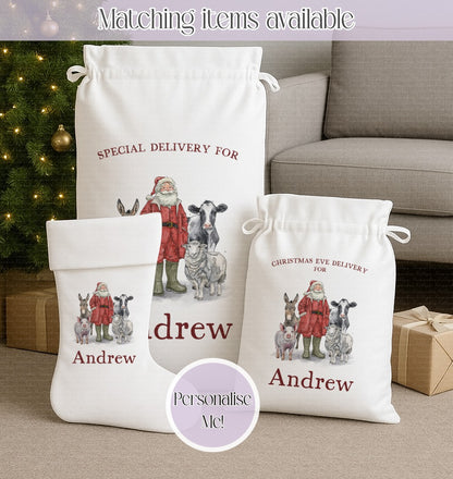 Personalised Christmas Farmer Christmas – Christmas on the farm | Stocking |Christmas Eve Sack| Custom Name Gift Bag - Santa Sack