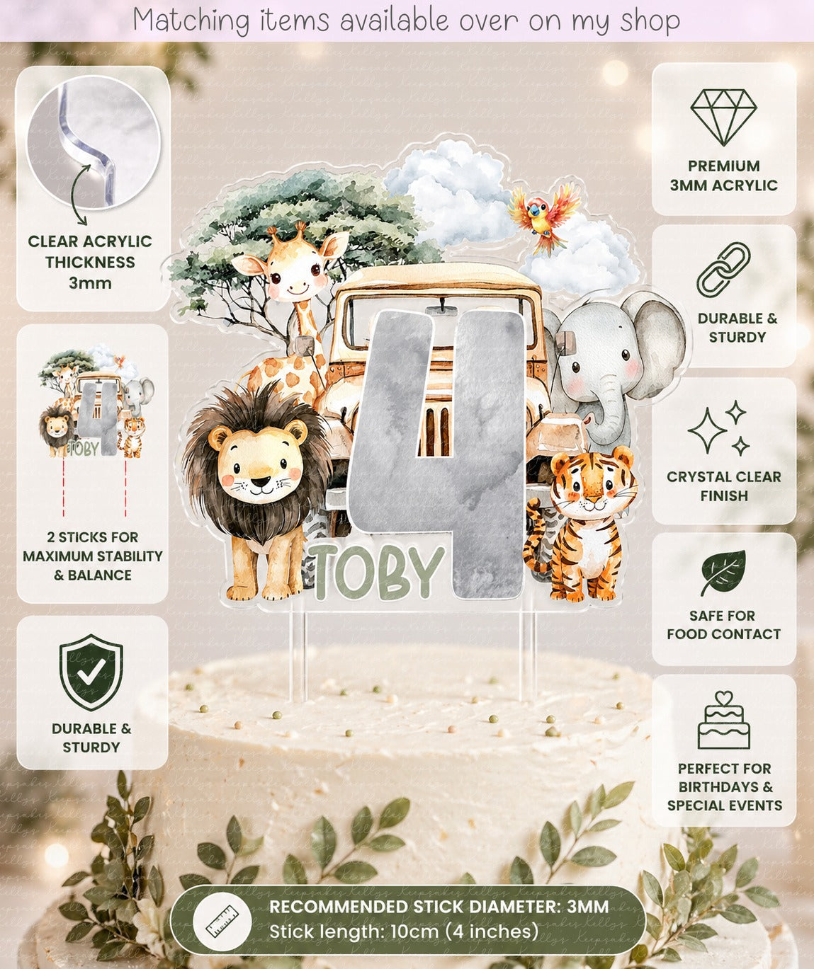 Personalised Safari Animal age cake topper - acrylic printed cake topper - custom cake decoration - kids cake topper