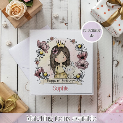 Personalised Princess Girl Floral Frame Birthday Card – Custom Name & Age