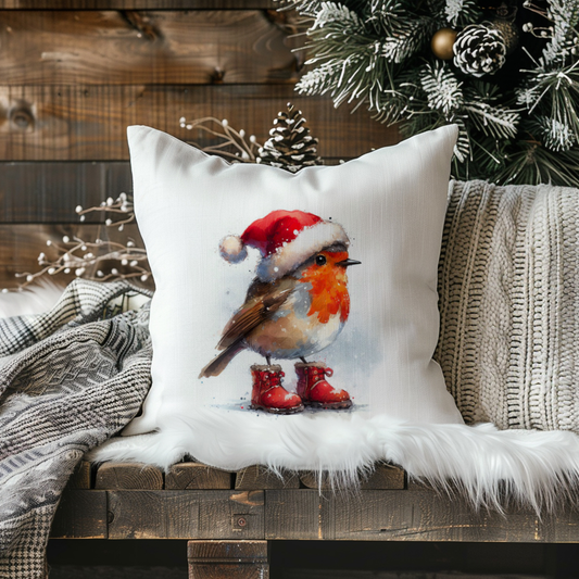 Santa Hat Robin in welly boots Velvet Cushion- Personalised Christmas Cushion - Robin - Velvet Cushion Cover and inner