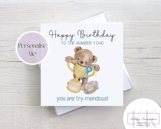Sporty Teddy Bear Dad Birthday Personalised Card - birthday card - custom card - golf - rugby - football