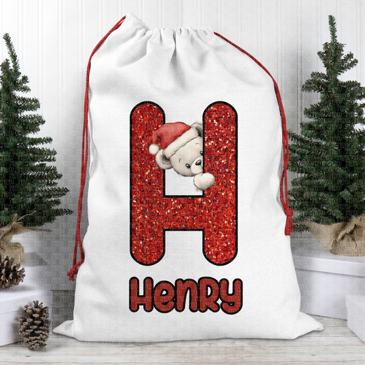 Christmas Bear personalised initial Santa sack - Christmas Sack - 70 x 50 cm - custom name