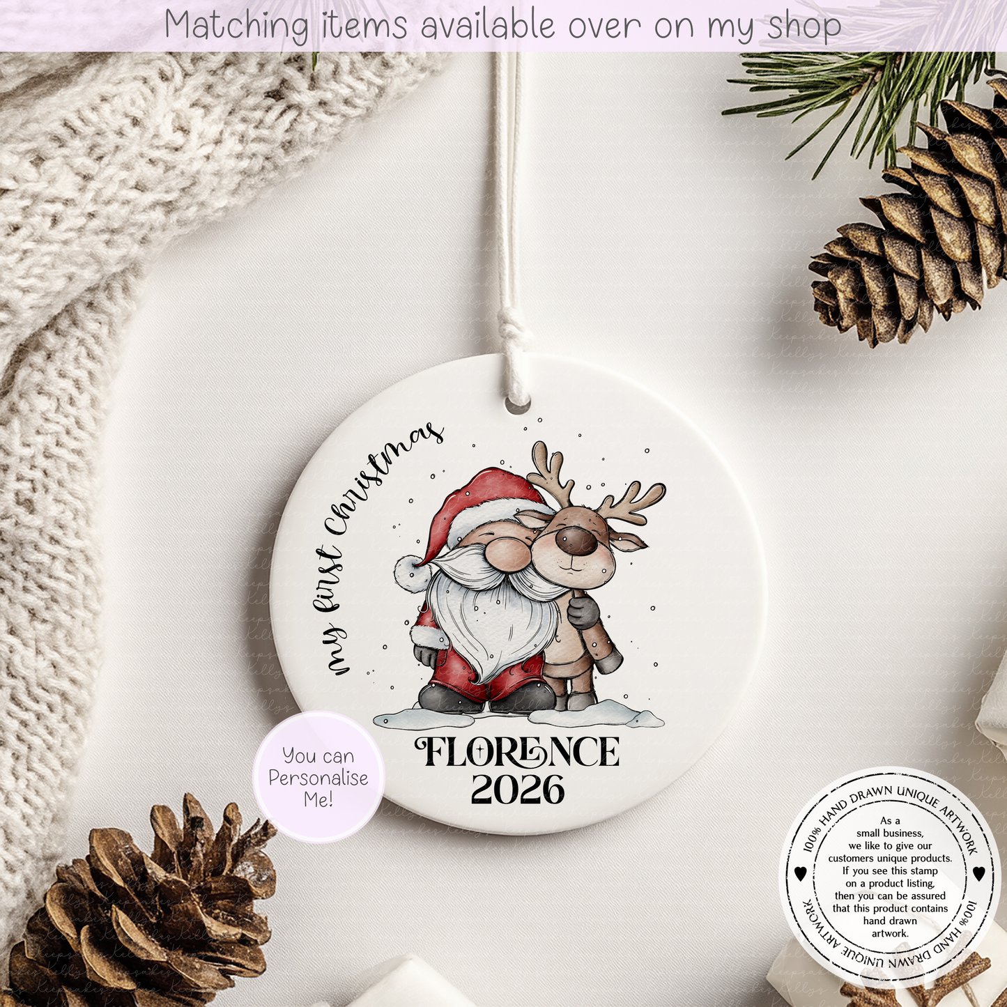 Christmas Santa & Reindeer First Christmas Ceramic Bauble - Christmas Decoration - First Christmas - Fully Editable- Custom Name