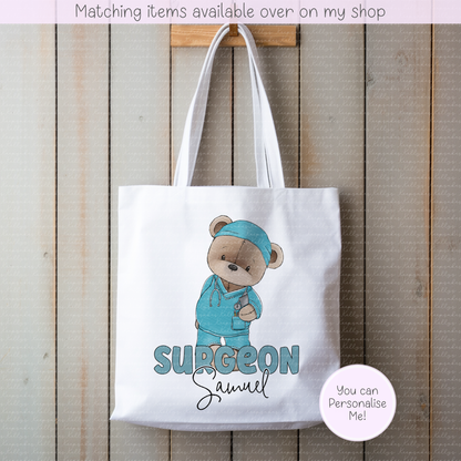 Personalised Teddy Doctor, Nurse or Surgeon Tote Bag - Custom NHS Keyworker Mug - Hospital Staff Gift - Medical Professional Bag