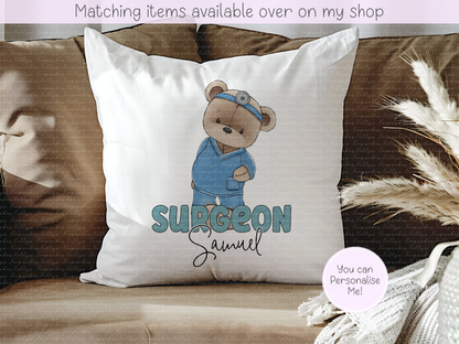 Personalised Teddy Doctor, Nurse or Surgeon Velvet Cushion - Custom NHS Keyworker cushion - Hospital Staff Gift - Medical Professional