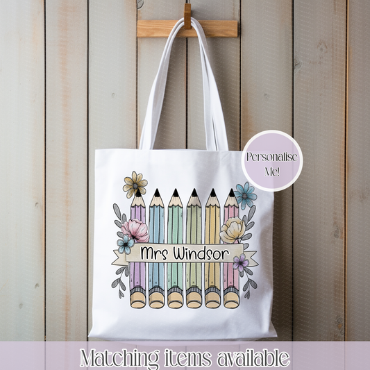 Teacher pencil doodle design personalised bag - school teacher - custom tote bag