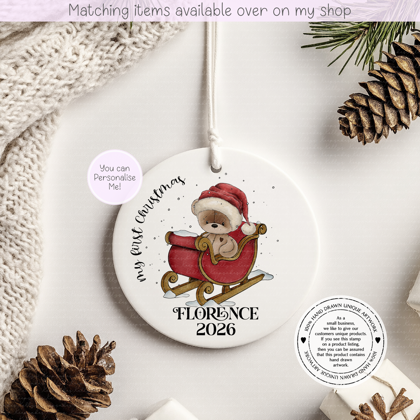 Christmas Teddy Sleigh First Christmas Personalised Ceramic Bauble - Christmas Decoration - First Christmas - Fully Editable- Custom Name