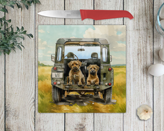 Working Dog in Landrover Glass Chopping Board - Worktop Saver - Country decor