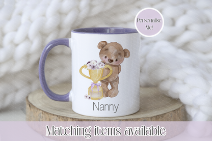 Mother's Day Personalised Bear With Flower Trophy - teddy bear custom mug - gift for her - Grandma - Mum- Nanny
