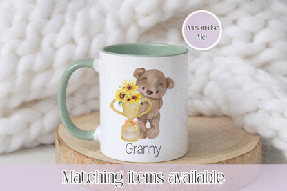 Mother's Day Personalised Bear With Flower Trophy - teddy bear custom mug - gift for her - Grandma - Mum- Nanny