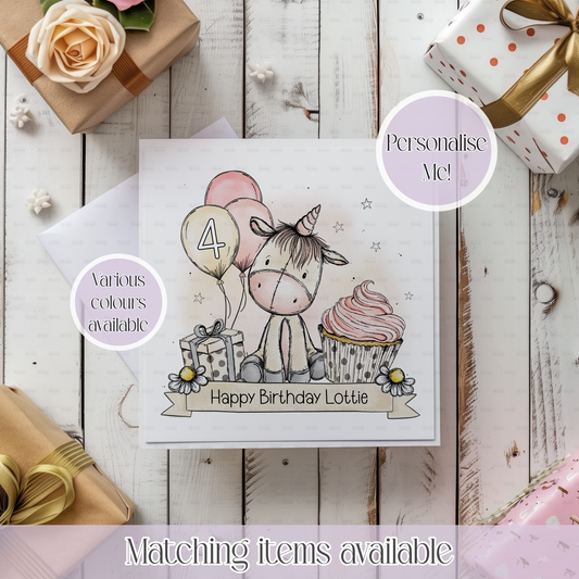 Cute Unicorn Personalised Birthday Card - birthday card - custom name and age