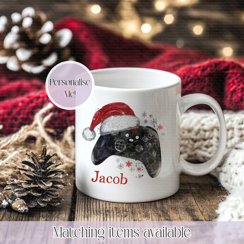 Personalised Christmas Game Controller Mug – Enamel or Ceramic | Custom Name | Christmas Hot Chocolate Mug