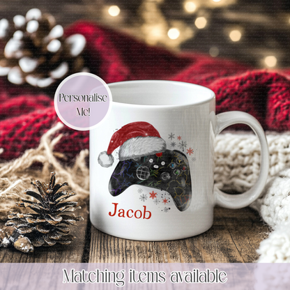 Personalised Christmas Game Controller Mug – Enamel or Ceramic | Custom Name | Christmas Hot Chocolate Mug