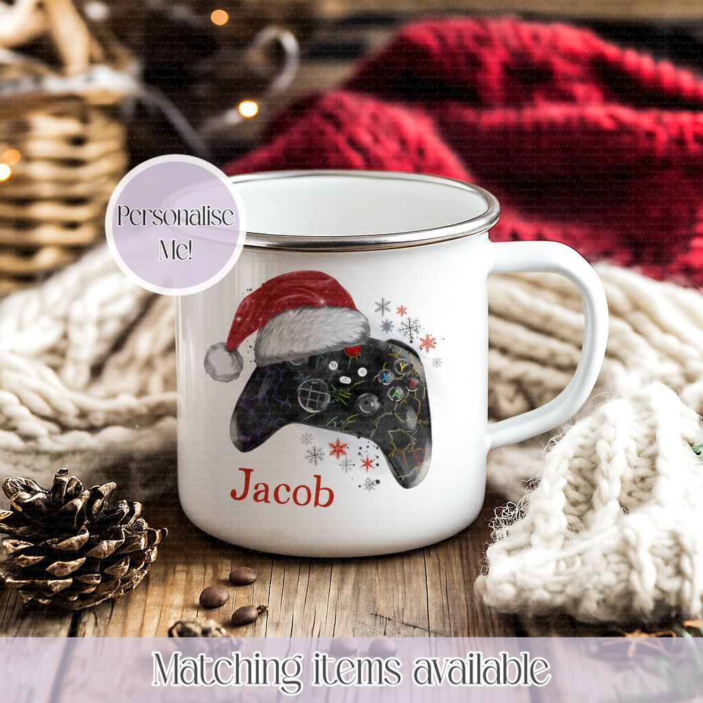 Personalised Christmas Game Controller Mug – Enamel or Ceramic | Custom Name | Christmas Hot Chocolate Mug