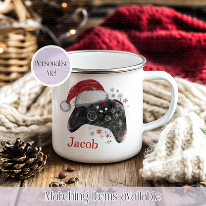 Personalised Christmas Game Controller Mug – Enamel or Ceramic | Custom Name | Christmas Hot Chocolate Mug