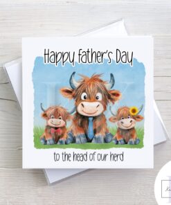 Highland Cow Fathers Day Card - Cute Highland Cow Family