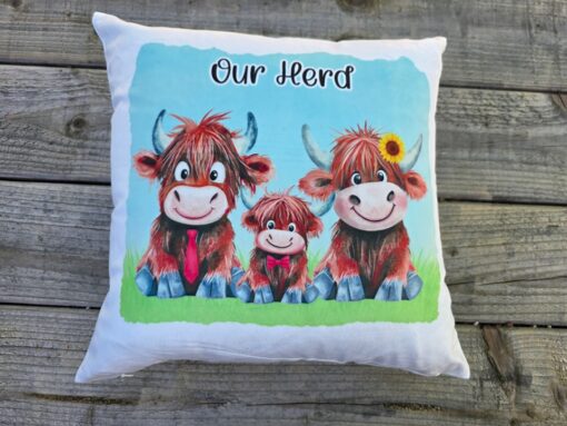 Highland Cow Family Cushion – 'Our Herd' Pillow with Cute Cartoon Cows – Farmhouse Decor