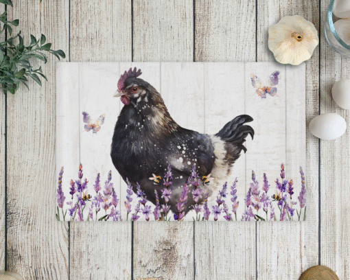 Lavender Chicken Kitchen Glass Chopping board - Worktop Saver - Country Kitchen - Farmhouse