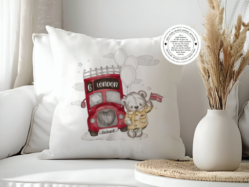 Personalised Sketchy London Bus with Teddy Bear - London themed - Cushion -london trip