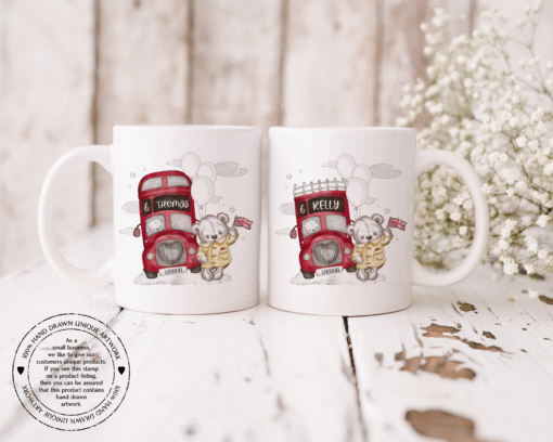 Personalised Sketchy London Bus with Teddy Bear - London themed -Mug - Enamel Mug-  London Trip