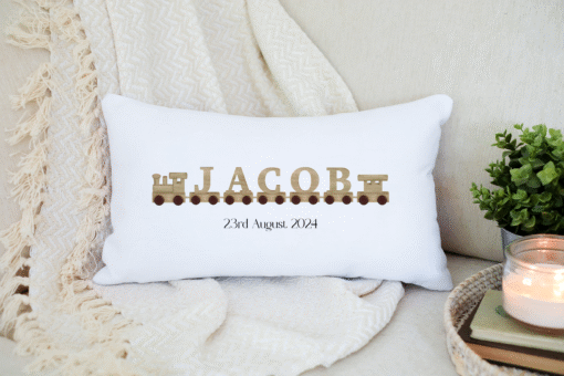 Personalised Wooden Train Name Cushion - Birth Gift- Christening Gift - Wooden Toy Design