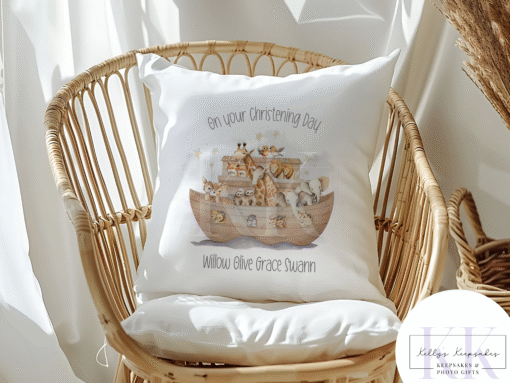 Personalised Christening Noah's Ark Velvet Cushion - Christening Gift - Baby Gift
