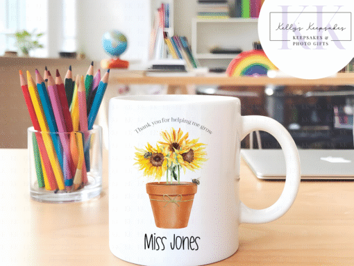Personalised Thanks For Helping Me Grow Flower Pot Teacher Mug - Teacher Gift - Schools Out - Wild Flowers - Sun Flowers