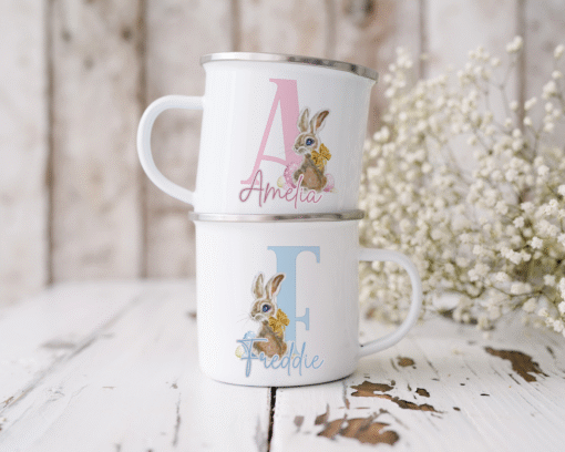 Personalised Easter Bunny Initial Enamel Mug - Camping Mug - Vintage Easter Bunny Alphabet- Unbreakable Mug
